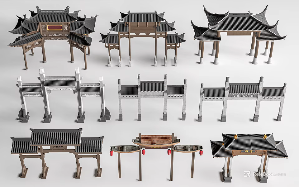 Traditional Chinese Archway Designs With Various Roof Styles And Wooden Structures 3d model 
