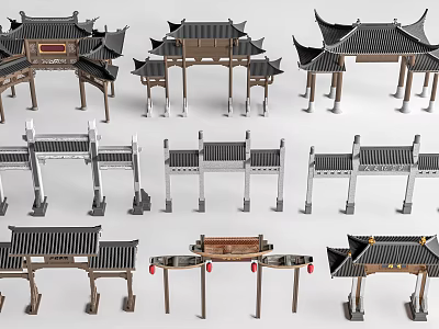 Traditional Chinese Archway Designs With Various Roof Styles And Wooden Structures 3d model