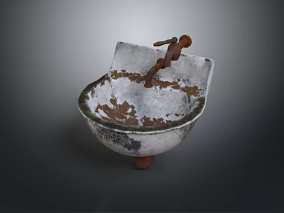 Vintage Rusty Metal Sink Featuring Small Brown Human Figure Sculpture And Battered Surface 3d model