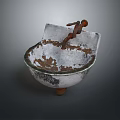 Vintage Rusty Metal Sink Featuring Small Brown Human Figure Sculpture And Battered Surface