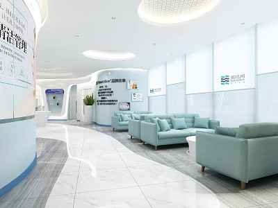 Modern Health Management Center Waiting Area With Blue Sofas White Marble Floor And Large Windows 3d model