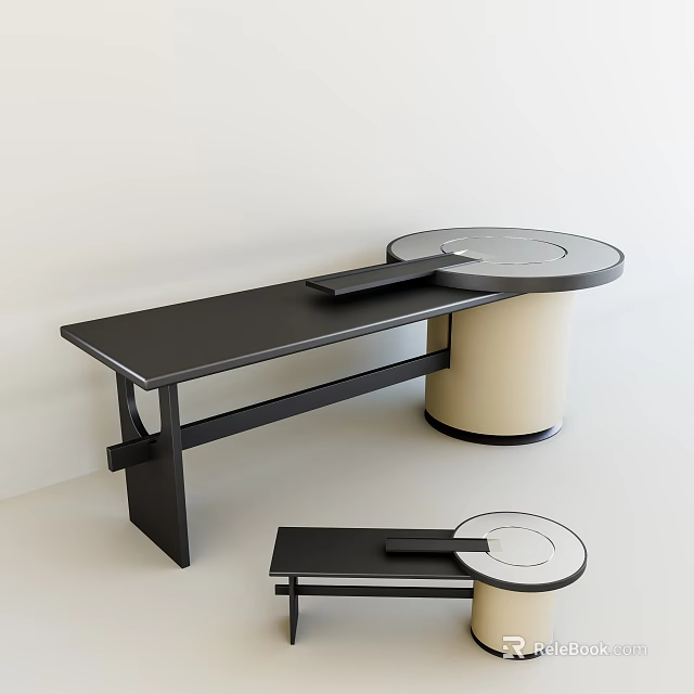 Modern Tea Table And Bench Set With Round Glass Tabletop Black Frame And Beige Base 3d model