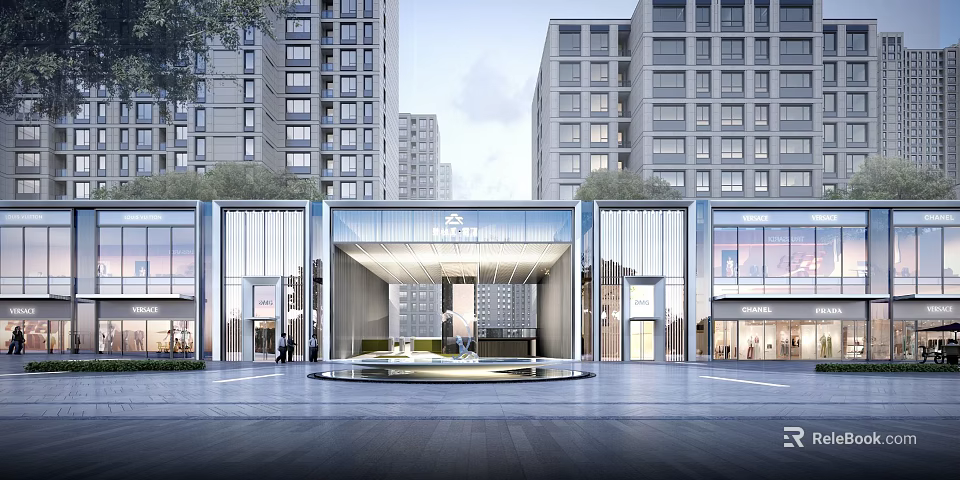 Modern Commercial Street Entrance With Glass Facade Buildings And Central Fountain Area 3d model 
