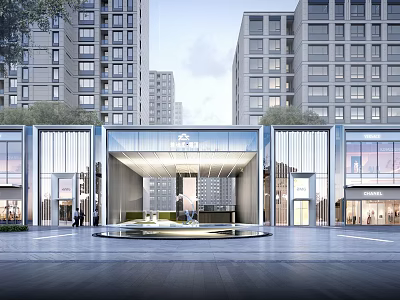 Modern Commercial Street Entrance With Glass Facade Buildings And Central Fountain Area 3d model