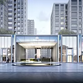 Modern Commercial Street Entrance With Glass Facade Buildings And Central Fountain Area