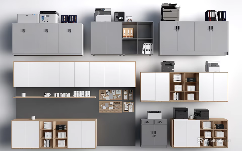 Modern Decorative Cabinets In Gray And White With Multi layered Storage Design 3d model 