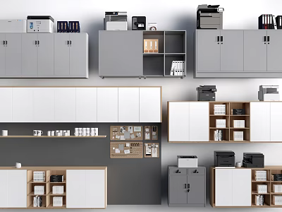 Modern Decorative Cabinets In Gray And White With Multi layered Storage Design 3d model