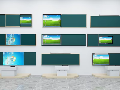 Classroom Wall Mounted Board Displays With Green Blackboards And Screens 3d model