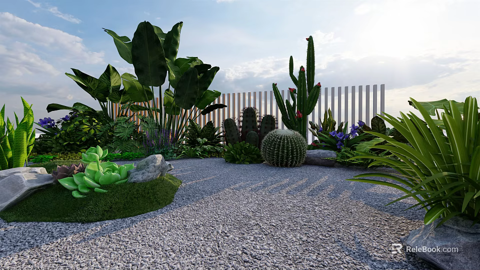 Lush Garden with Various Green Plants Cactus Succulents Gravel Path White Fence and Grass Area 3d model 