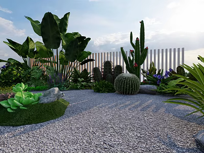 Lush Garden with Various Green Plants Cactus Succulents Gravel Path White Fence and Grass Area 3d model