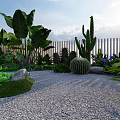 Lush Garden with Various Green Plants Cactus Succulents Gravel Path White Fence and Grass Area