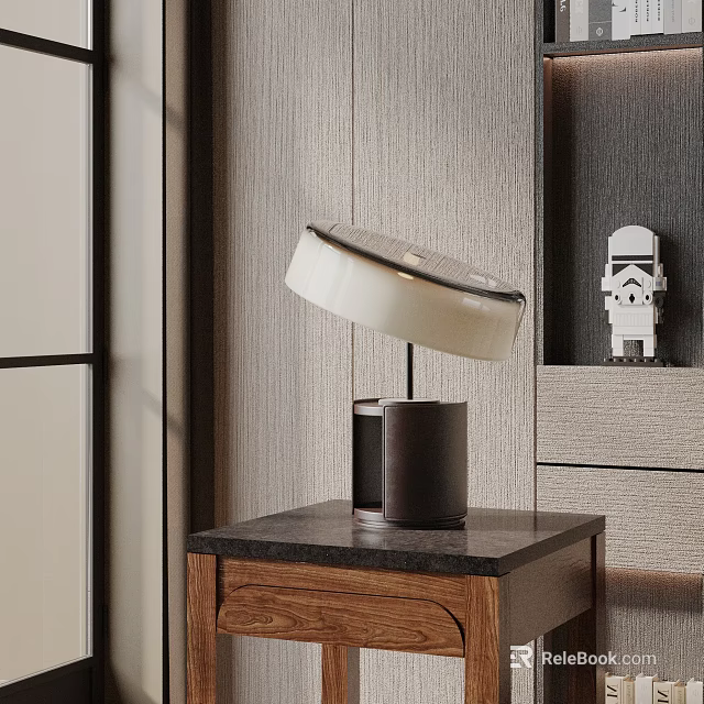 Modern Table Lamp With White Shade And Wooden Base On Bedside Table In Minimalist Style 3d model 