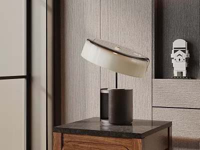 Modern Table Lamp With White Shade And Wooden Base On Bedside Table In Minimalist Style 3d model