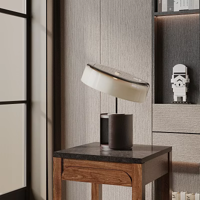 Modern Table Lamp With White Shade And Wooden Base On Bedside Table In Minimalist Style 3d model