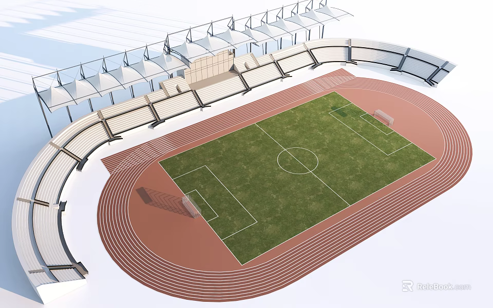 Modern Football Field With Green Grass Running Track And Spectator Stands 3d model 