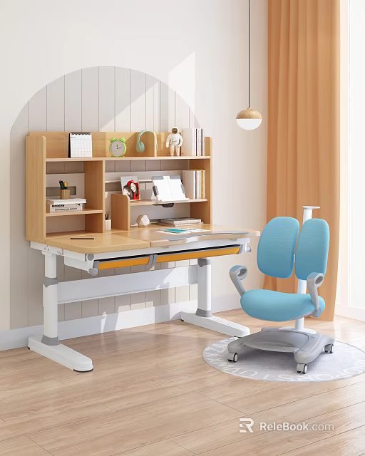 Kids Study Space With Adjustable Desk Blue Ergonomic Chair Wooden Bookshelf And Stationery Decor 3d model 