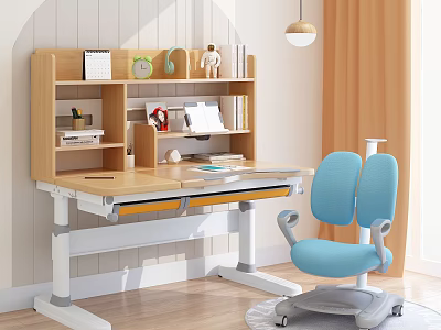 Kids Study Space With Adjustable Desk Blue Ergonomic Chair Wooden Bookshelf And Stationery Decor 3d model