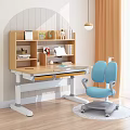 Kids Study Space With Adjustable Desk Blue Ergonomic Chair Wooden Bookshelf And Stationery Decor