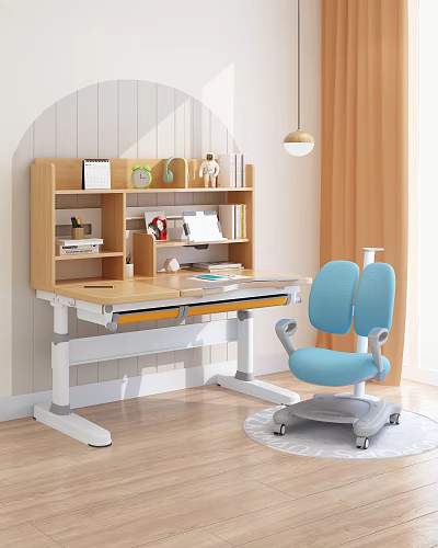 Kids Study Space With Adjustable Desk Blue Ergonomic Chair Wooden Bookshelf And Stationery Decor 3d model