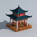 Traditional Chinese Two Story Pavilion With Green Roof Red Pillars And Wooden Railings