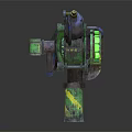 Green Mechanical Weapon with Rusty Barrel Yellow Markings and Turret Structure 3d model