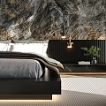 Modern Bedroom With Textured Wall Behind Bed Black Furniture White Bedding And Small Plant