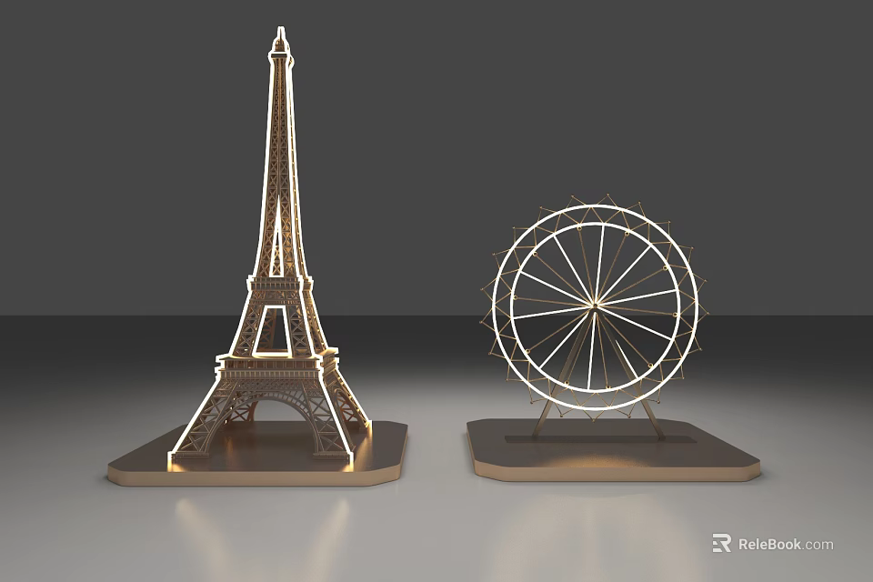 Illuminated Eiffel Tower and Ferris Wheel Sculptures with Modern Base Design 3d model 