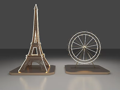 Illuminated Eiffel Tower and Ferris Wheel Sculptures with Modern Base Design 3d model
