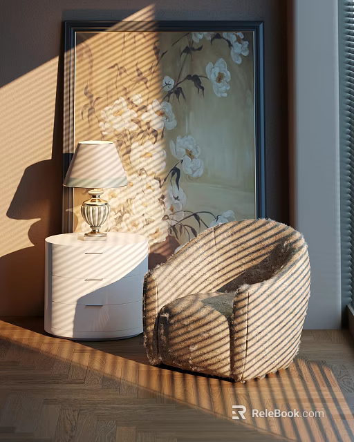 Striped Accent Leisure Chair With White Nightstand Table Lamp Floral Painting And Sunlight Shadows 3d model 