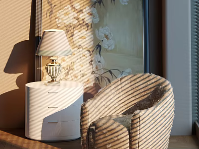 Striped Accent Leisure Chair With White Nightstand Table Lamp Floral Painting And Sunlight Shadows 3d model