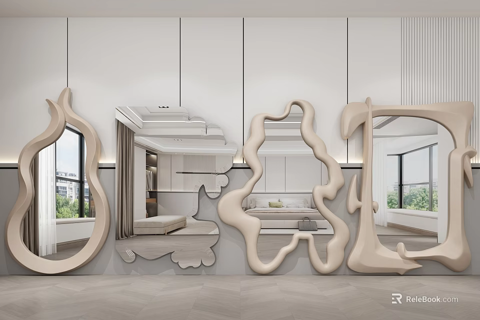 Modern Interior Design With Unique Shaped Mirrors Reflecting Windows And Wall Decor 3d model