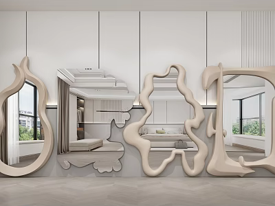 Modern Interior Design With Unique Shaped Mirrors Reflecting Windows And Wall Decor 3d model