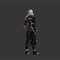Woman Wearing Black Outfit With Gold Accents Holding Blue Glowing Sword And White Hair