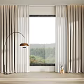 Elegant Light Colored Curtains Framing Window With Green Mountain View And Floor Lamp