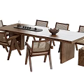 Modern Natural Wooden Dining Table With Woven Chairs And Tray Bowl Decoration