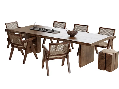 Modern Natural Wooden Dining Table With Woven Chairs And Tray Bowl Decoration 3d model