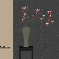 Green Vase With Pink Flowers On Black Table Against Textured Dark Wallpaper