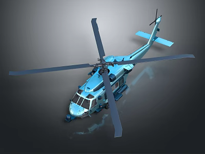 Blue 3D Rendered Helicopter With Large Rotors And Transparent Cockpit Design 3d model