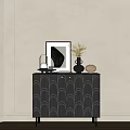 Entryway Side Cabinet with Black Wave Pattern Framed Art Vase Lamp and Small Jar 3d model