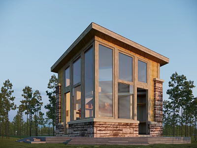 Modern Single Family House With Wooden Exterior Large Glass Windows Stone Base Surrounded By Trees 3d model