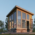 Modern Single Family House With Wooden Exterior Large Glass Windows Stone Base Surrounded By Trees
