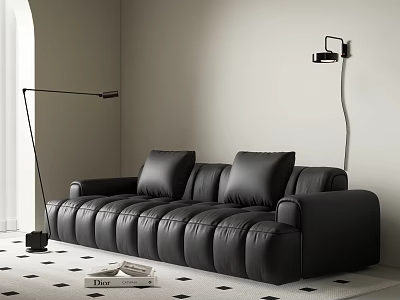 Black Sectional Sofa in Minimalist Interior with Floor Lamp Wall Sconce and Checkered Rug 3d model