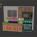 Modern Wooden Kitchen Setup With Sink Microwave Oven Stove And Cabinets