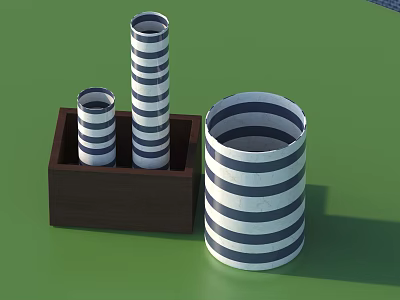 Blue And White Striped Cylindrical Storage Containers With Wooden Box Holder 3d model