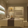 Modern SPA Room With Massage Beds Oval Shelves Skincare Products And White Robes