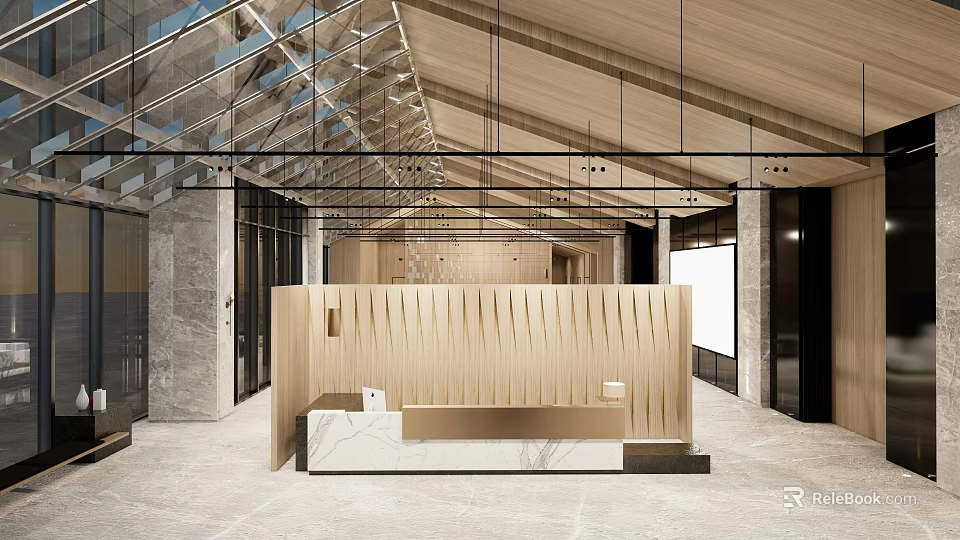Modern Wooden Reception Desk With Marble Countertop And Glass Curtain Wall In High Ceiling Space 3d model 