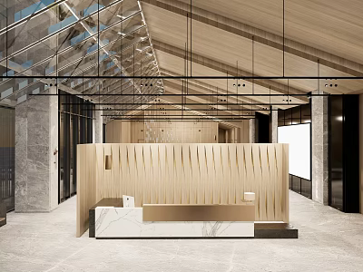 Modern Wooden Reception Desk With Marble Countertop And Glass Curtain Wall In High Ceiling Space 3d model