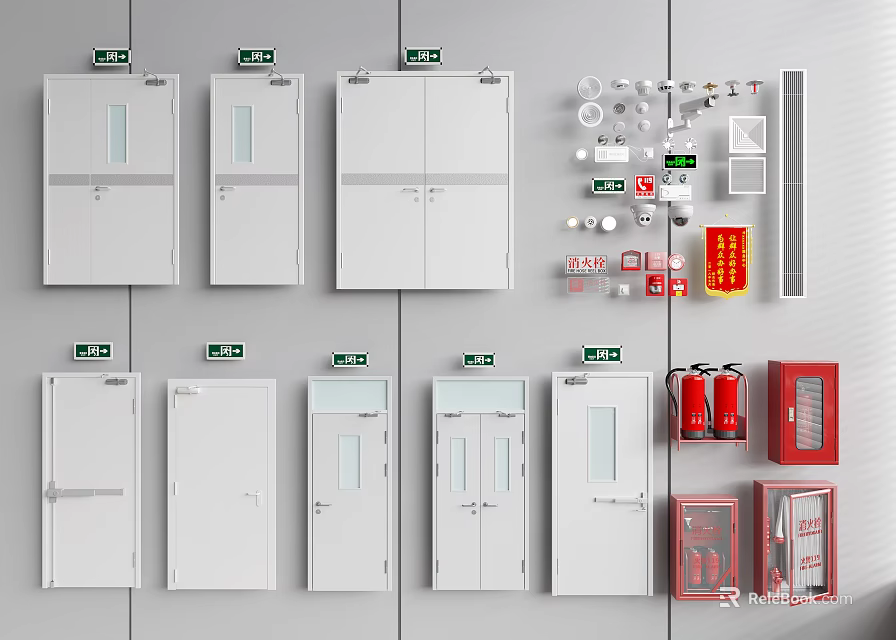 Various Fire Equipment Including Fire Doors Cabinets Extinguishers And Accessories 3d model 