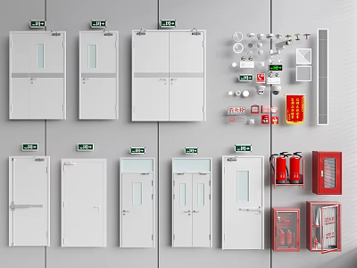 Various Fire Equipment Including Fire Doors Cabinets Extinguishers And Accessories 3d model