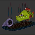 Cartoon Green Fish With Red Spots Yellow Teeth Blue Eyes Near Purple Conch Green Seaweed